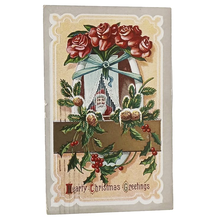 Christmas Postcard Santa Claus in Window, Roses, Pine Cones, Holly Border