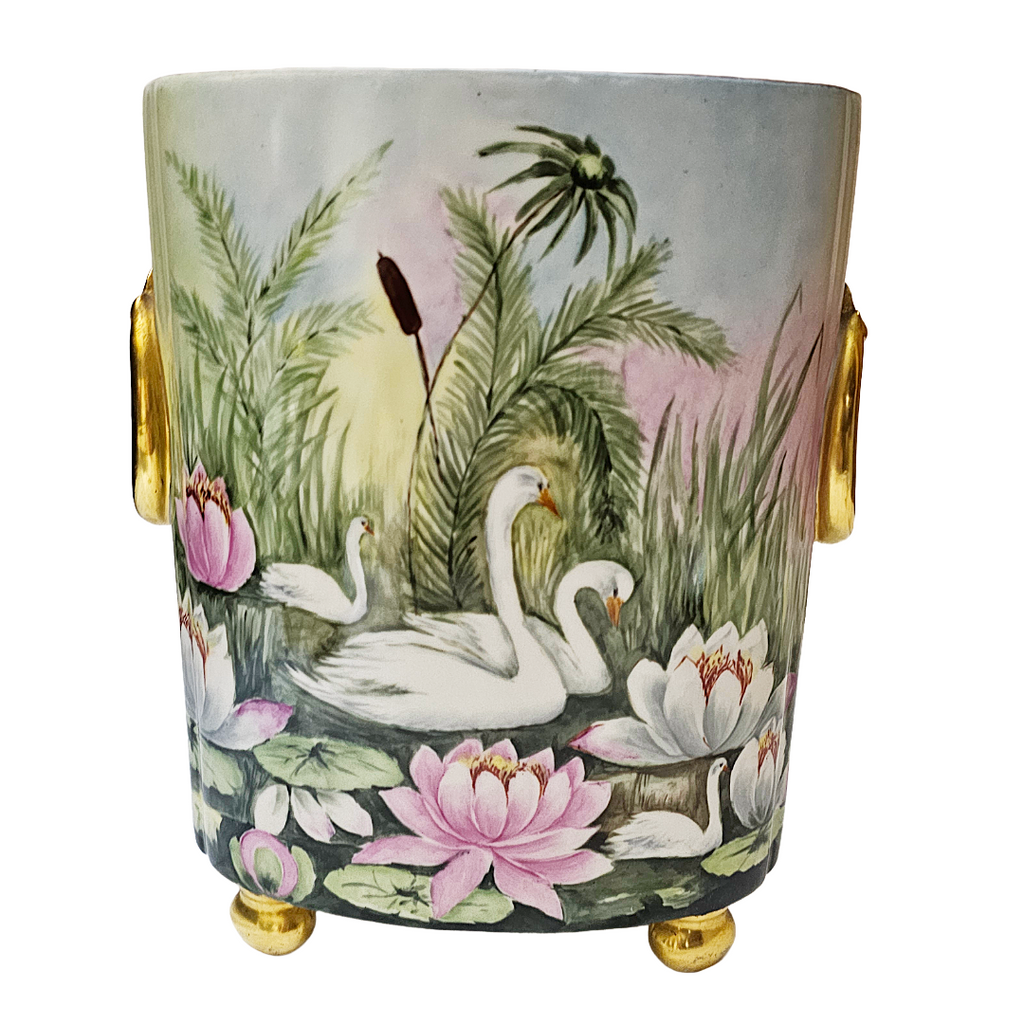 Limoges French Porcelain Cachepot & Fernery Vase HP Swans and Waterlilies AS Hoffman
