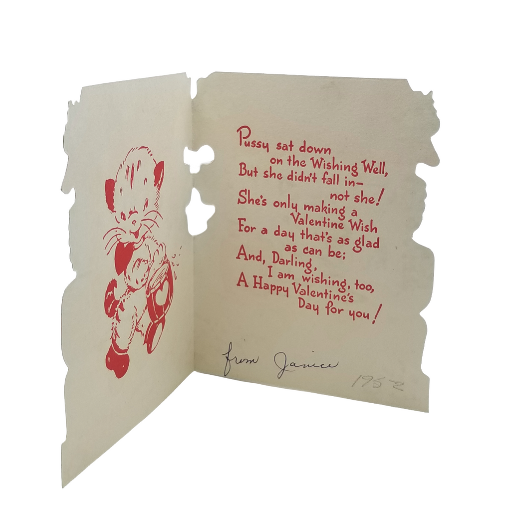 Vintage Die Cut Valentine Hallmark Card Kitten at Water Well