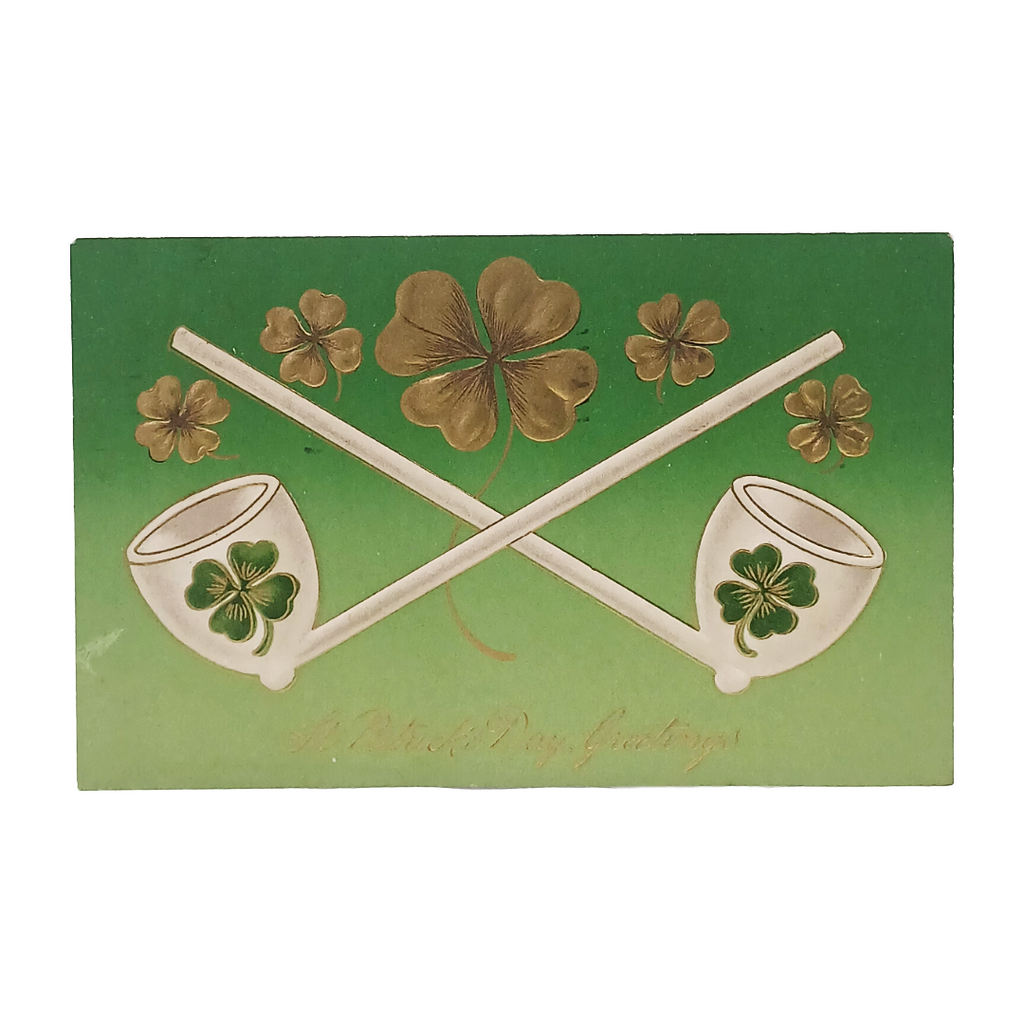Saint Patrick's Day Postcard Winsch Double White Pipes Gold Clover