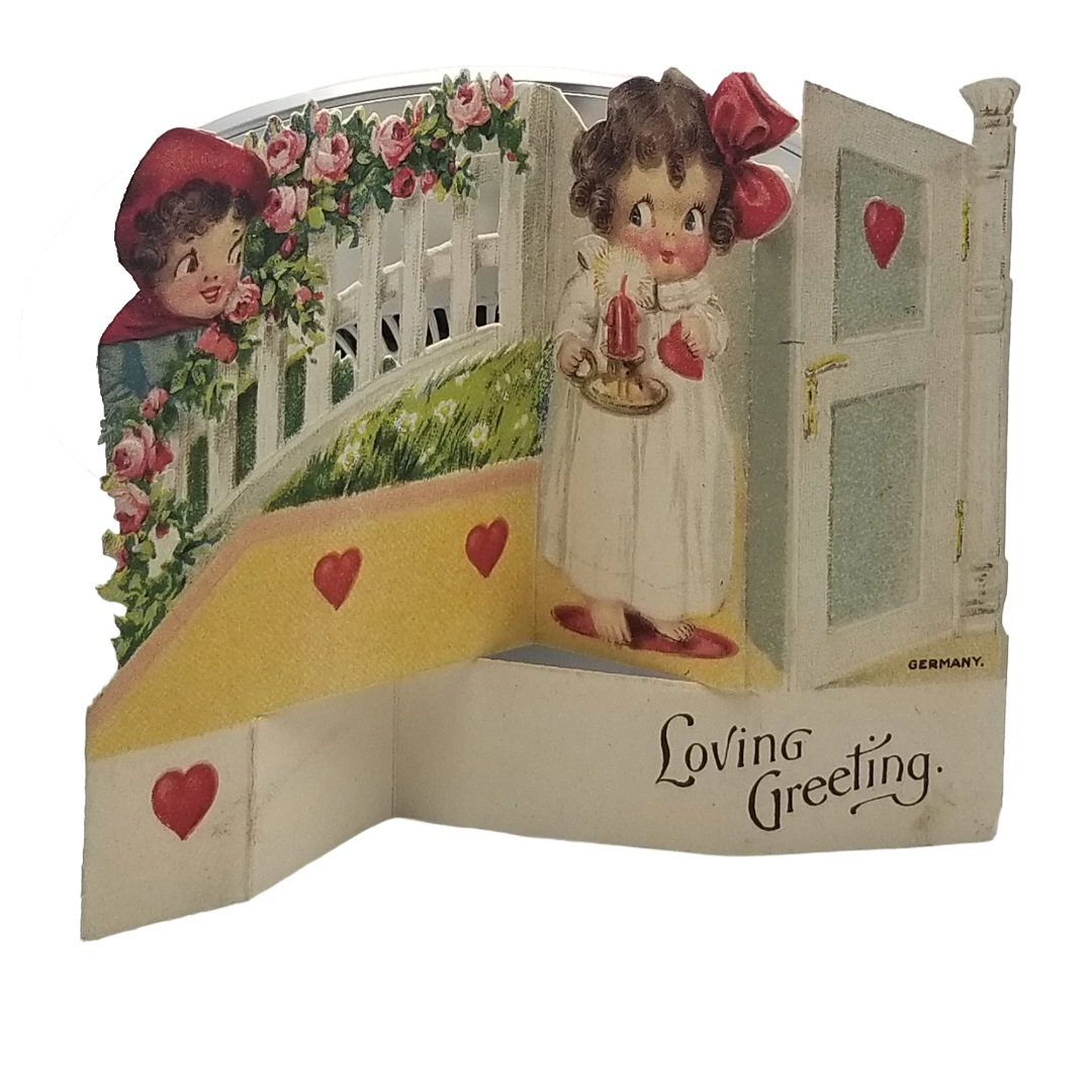 Vintage German Valentine Die Cut Card Fold Out Children Playing Hide & Seek