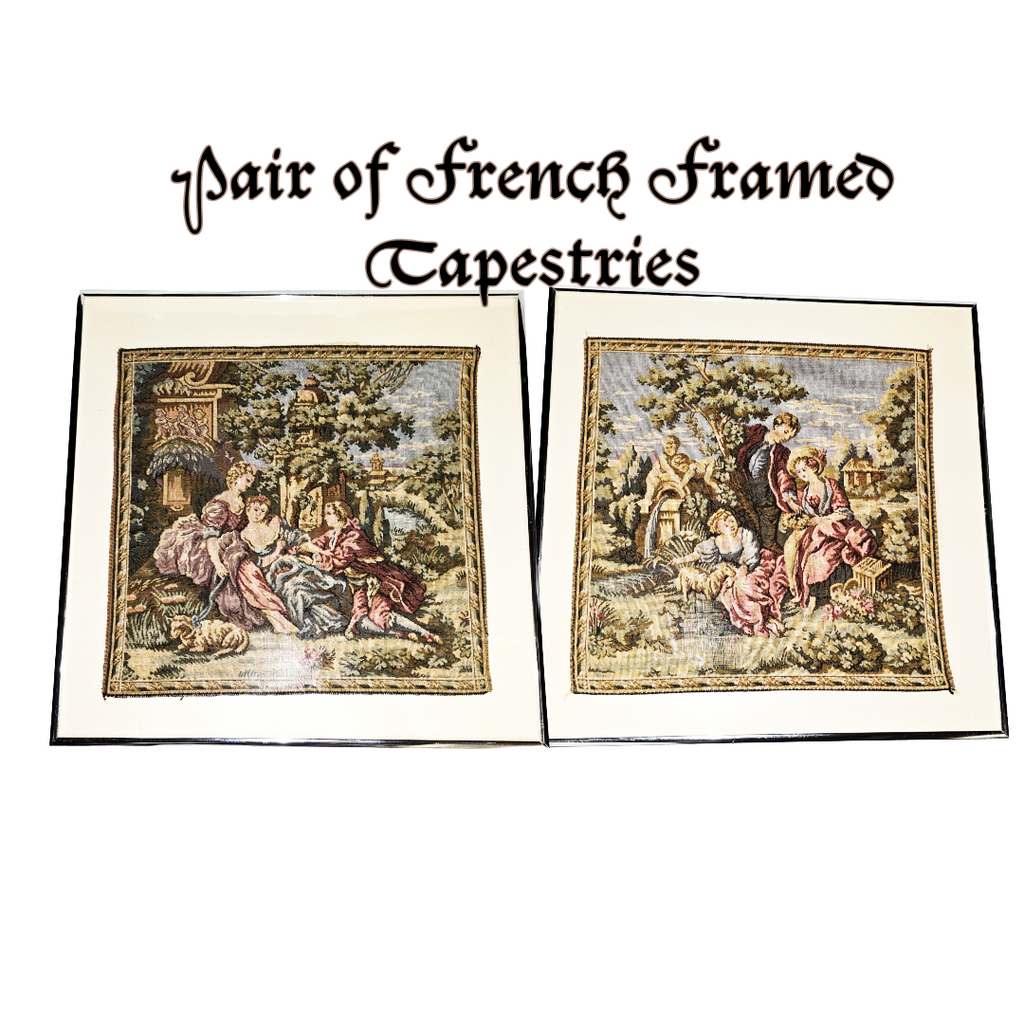 Vintage Pair Framed French Tapestries Pastoral Scenes People w/ Sheep