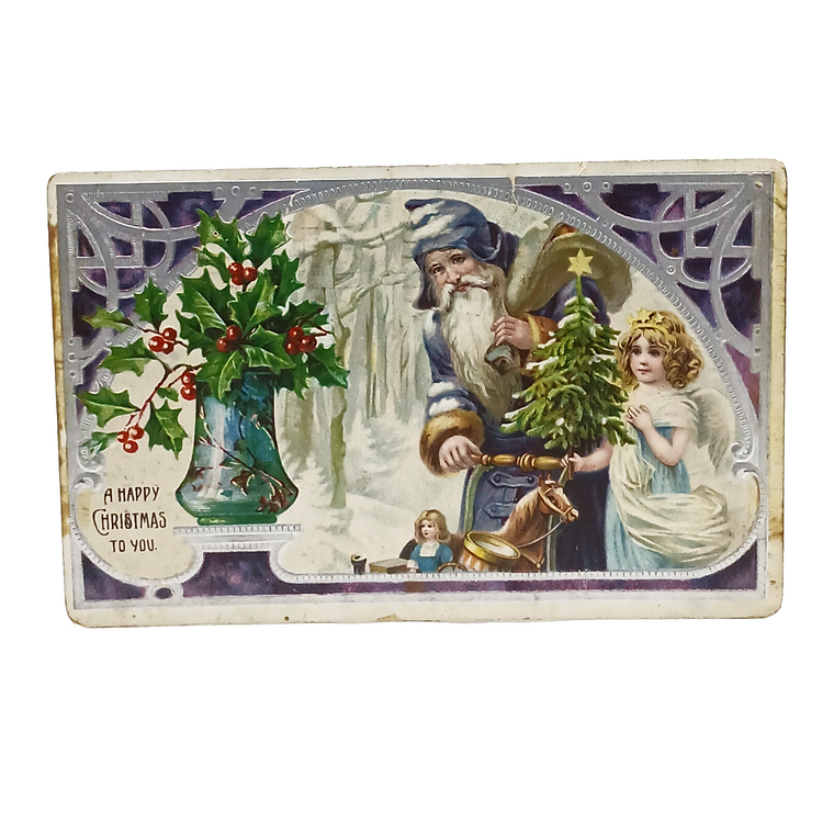 Christmas Postcard Old World Santa in Purple Robe with Angel in Snow