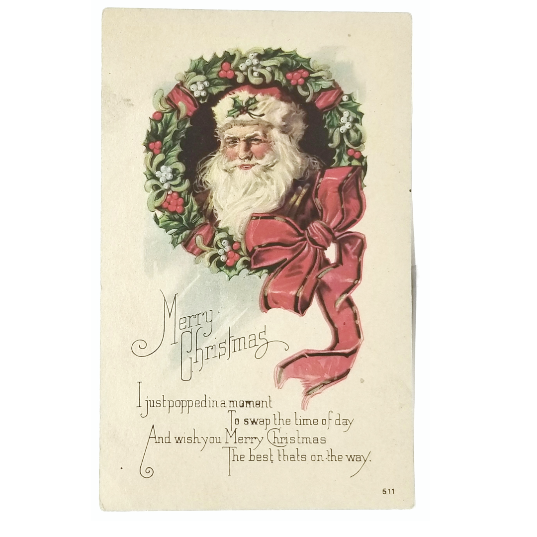 Antique Christmas Card, Victorian Santa Claus Portrait in Holly Wreath