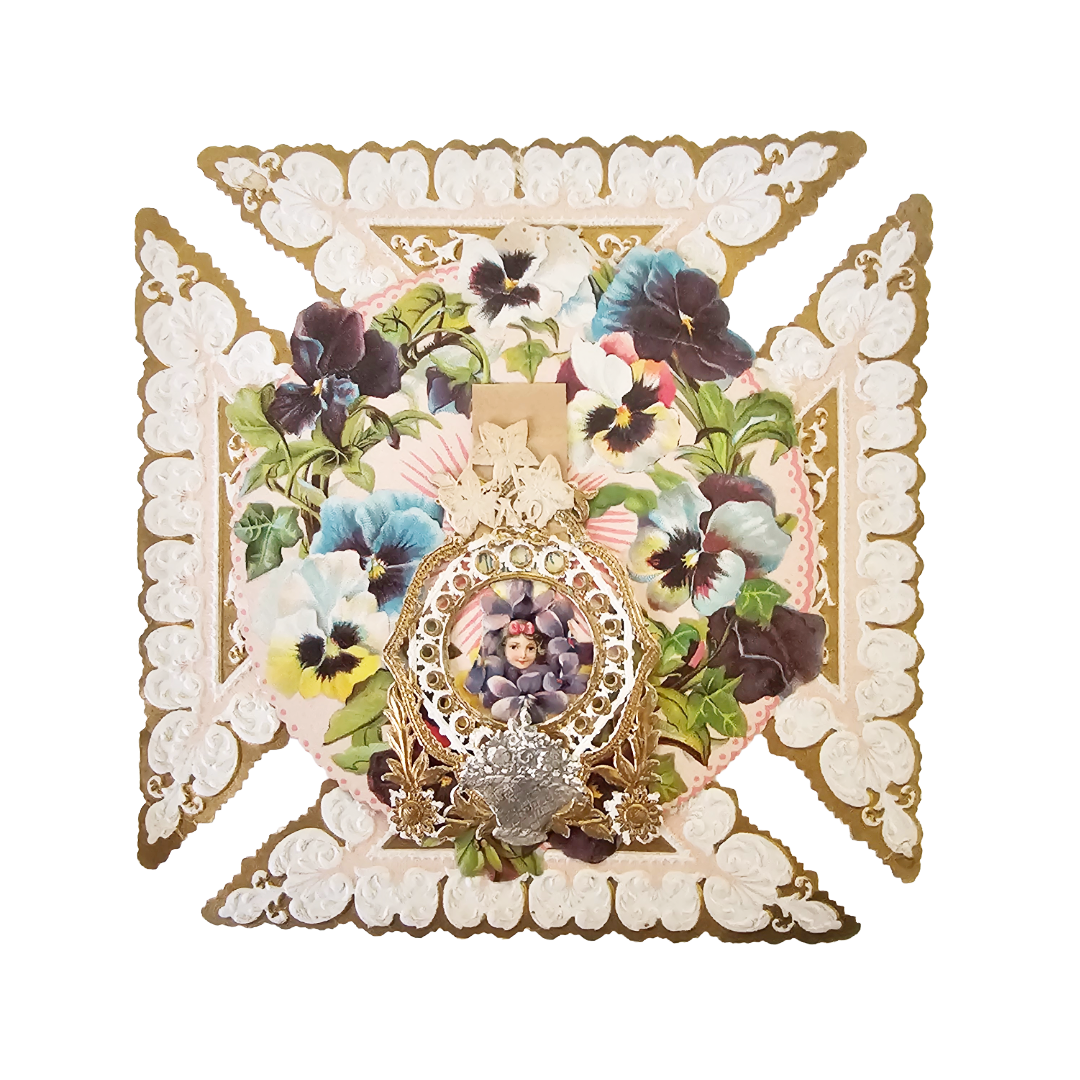 1800s Antique German Die Cut 3D Valentine's Card Paper Lace Flowers Gold Foil