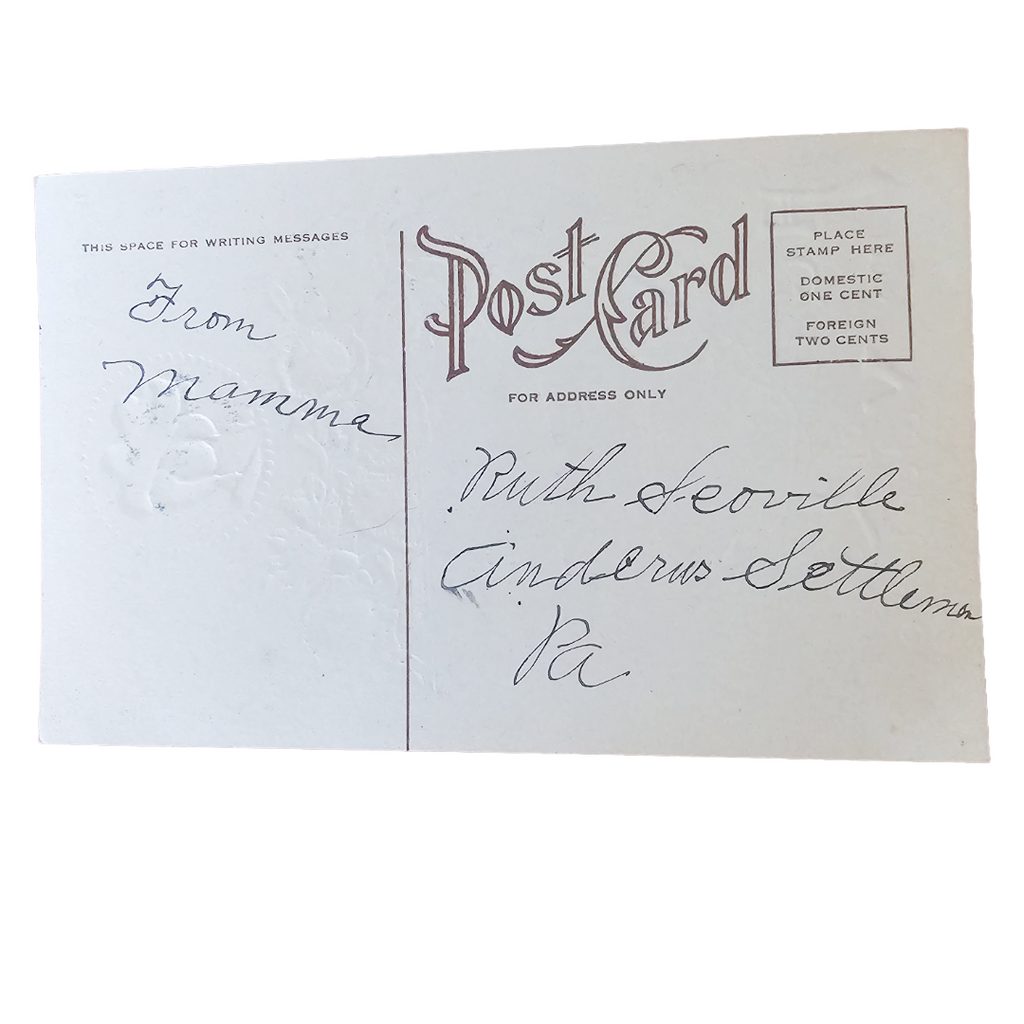 Valentine Postcard Gold Embossed Victorian Woman  Pink Flowers Landscape