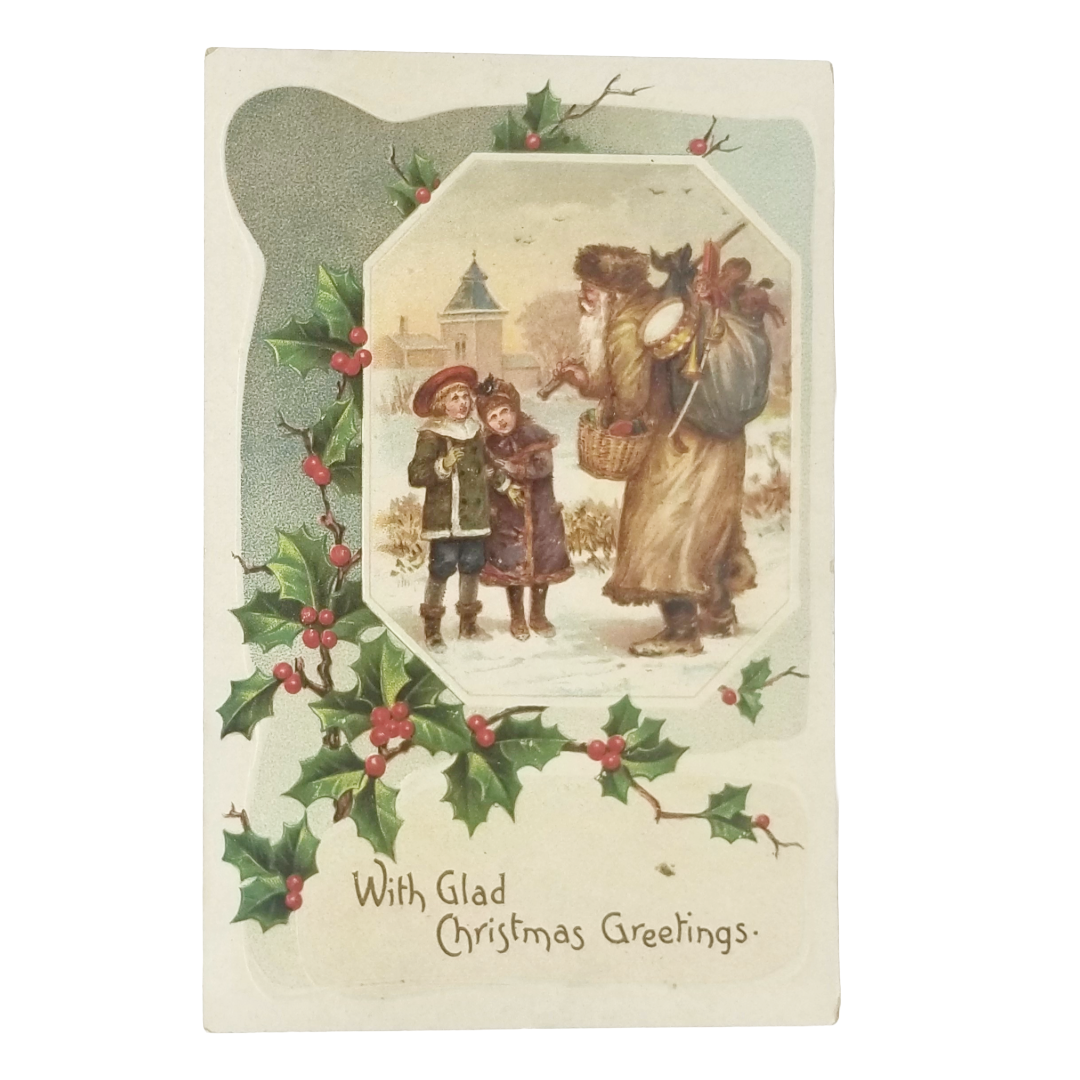 Antique Christmas Postcard, Old World Santa in Brown Robe, Saint Nick with Children in Snow
