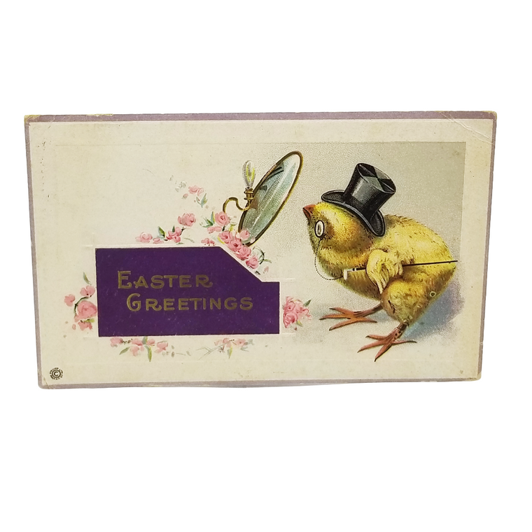Easter Postcard Anthropomorphic Baby Chick in Top Hat Looking in Mirror Series 610