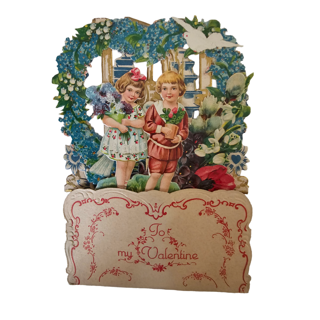 Vintage German Die Cut 3D Valentine's Card Children Flowers & Doves