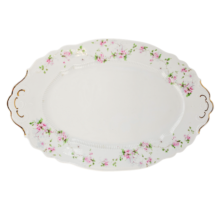 Large Antique Austrian Porcelain Carlsbad Serving Platter Pink Cabbage Rose Pattern