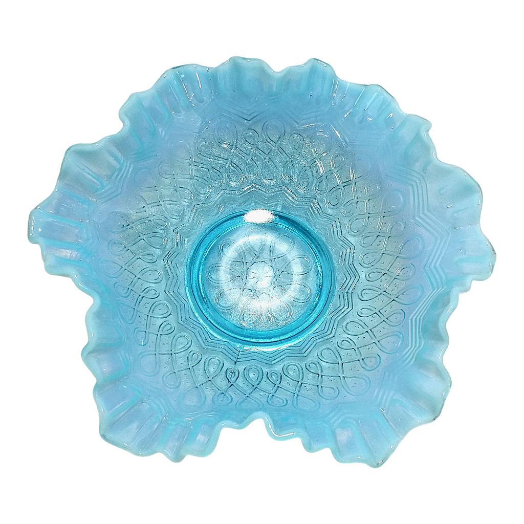 Jefferson Glass  Aqua Blue Opalescent Fluted Ruffle Bowl "Many Loops" Pattern