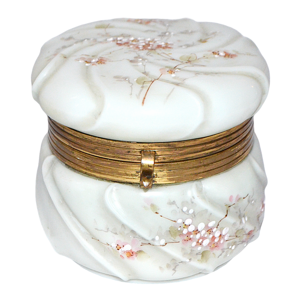 CF Monroe Helmschmeid Swirl Opal Ware Dresser Box with Orange Enamel Painted Flowers