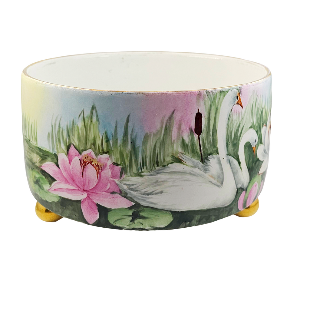 Limoges French Porcelain Cachepot & Fernery Vase HP Swans and Waterlilies AS Hoffman
