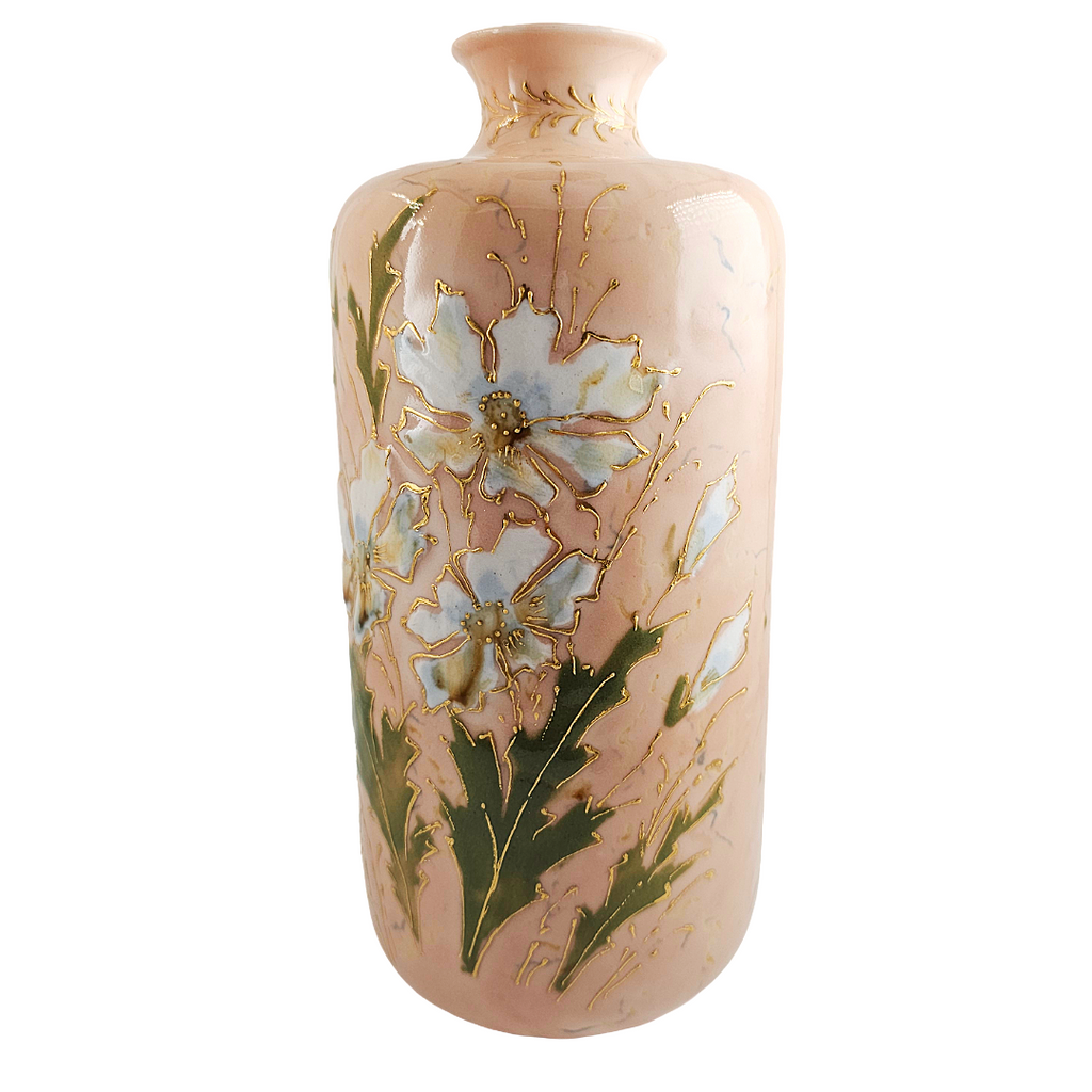 RS Prussia Porcelain Vase, Enamel White Flowers, Mold 909, 9 Inch