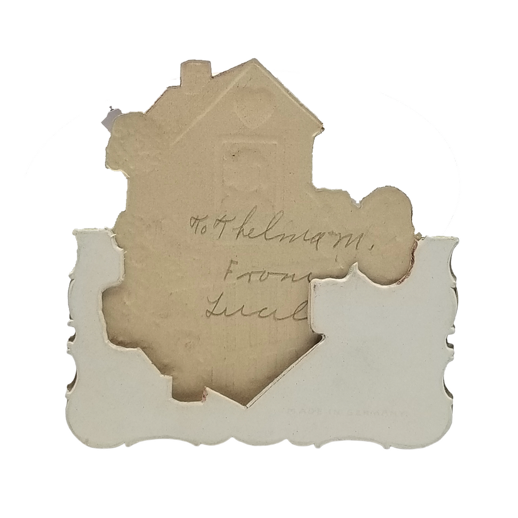 Vintage German Valentine Die Cut Card Pop Out Girl in Window Boy Serenading