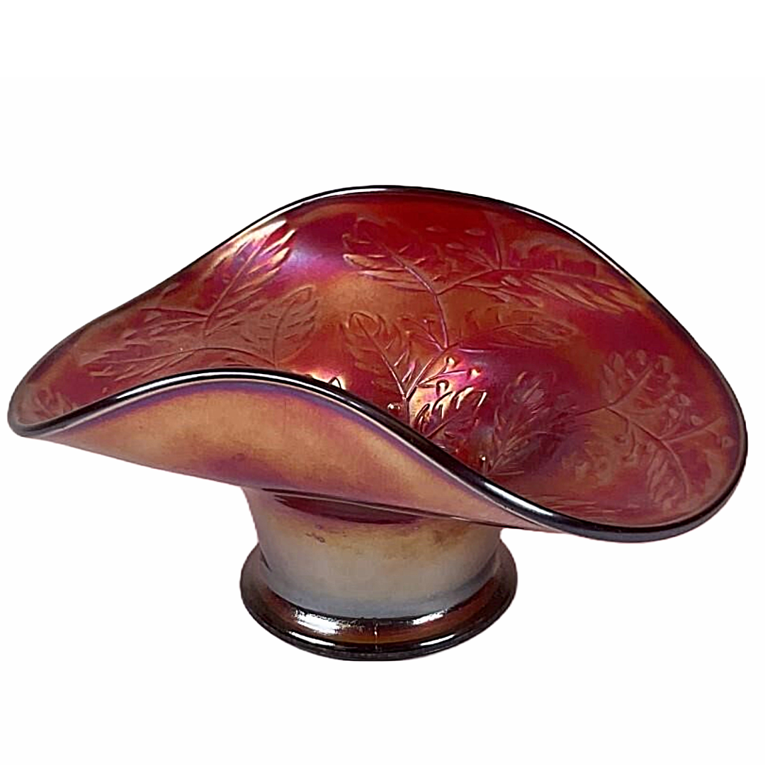 Fenton Red Carnival Glass Hat Vase w/ Holly Decoration