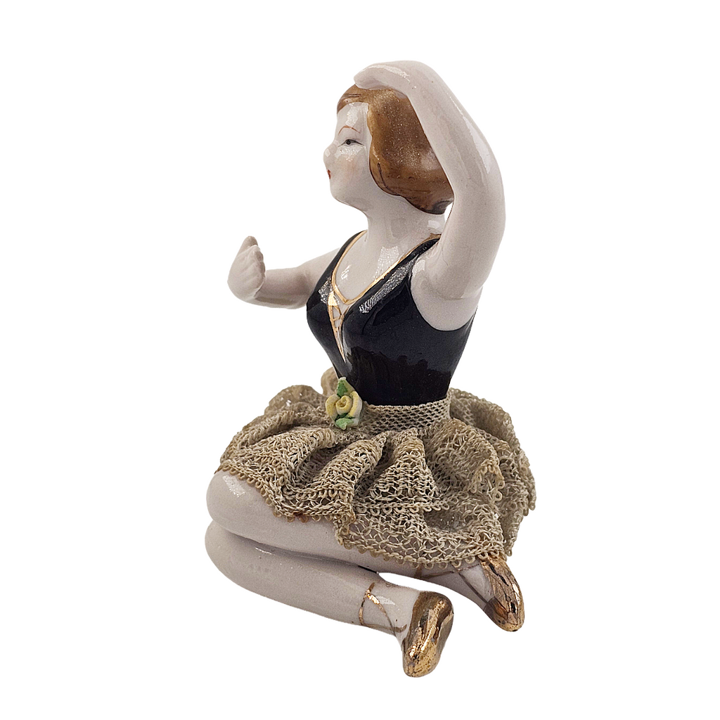 Porcelain Bisque Bathing Beauty Seated Ballerina Dresden Lace Skirt