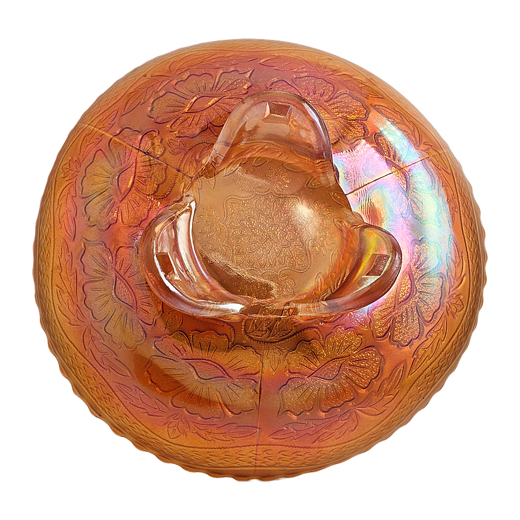 Fenton Marigold Carnival Glass Footed Bowl: Dogwood & Marsh Lily Pattern