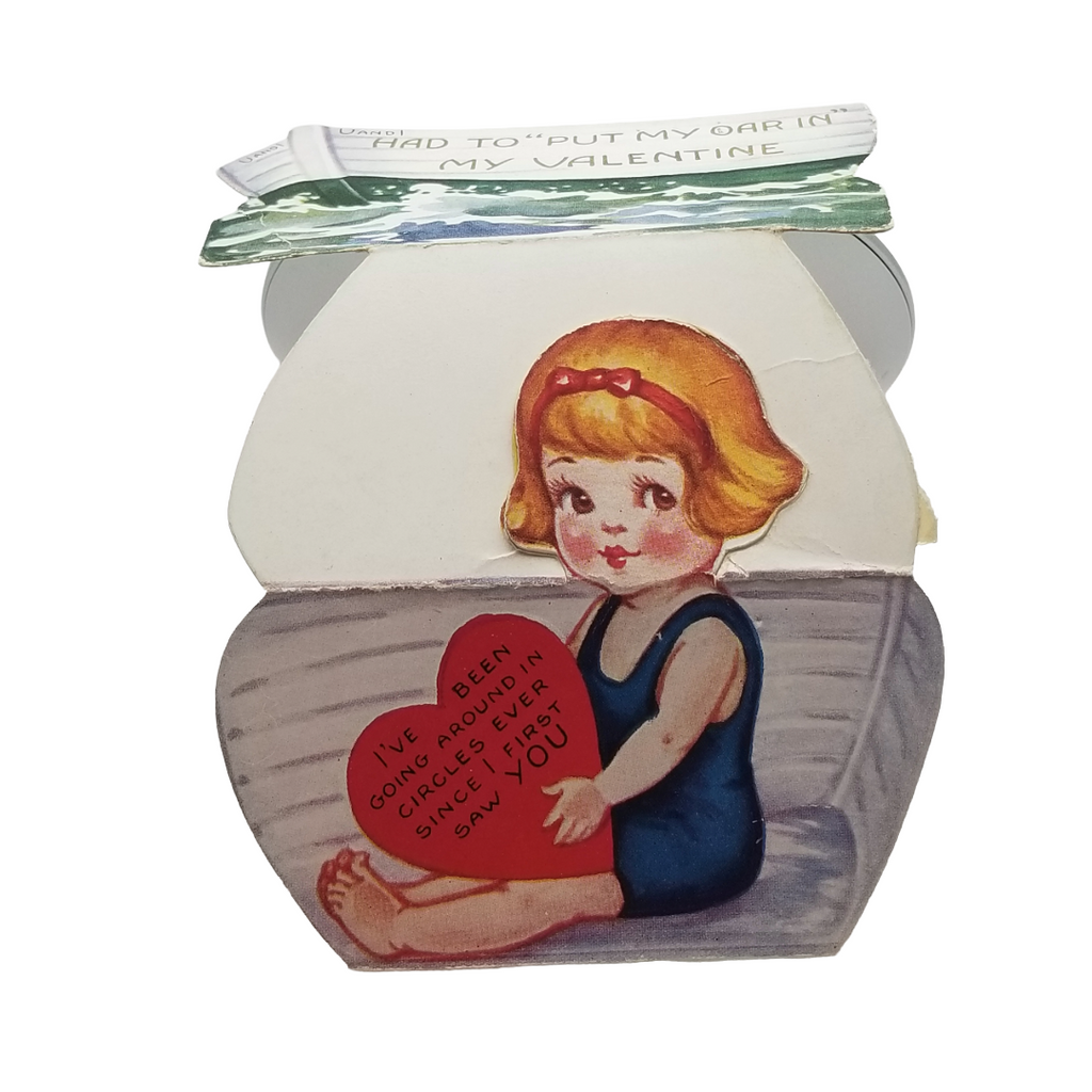 Vintage Valentine Die Cut Girl in Boat Holding Heart Pop Out Card