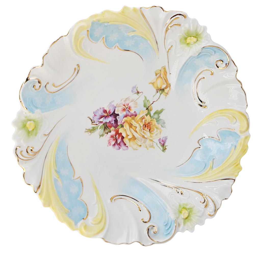 RS PRUSSIA BOWL Stylized Daisy Floral Swirl Rim Mold 40 Yellow Roses & Flowers