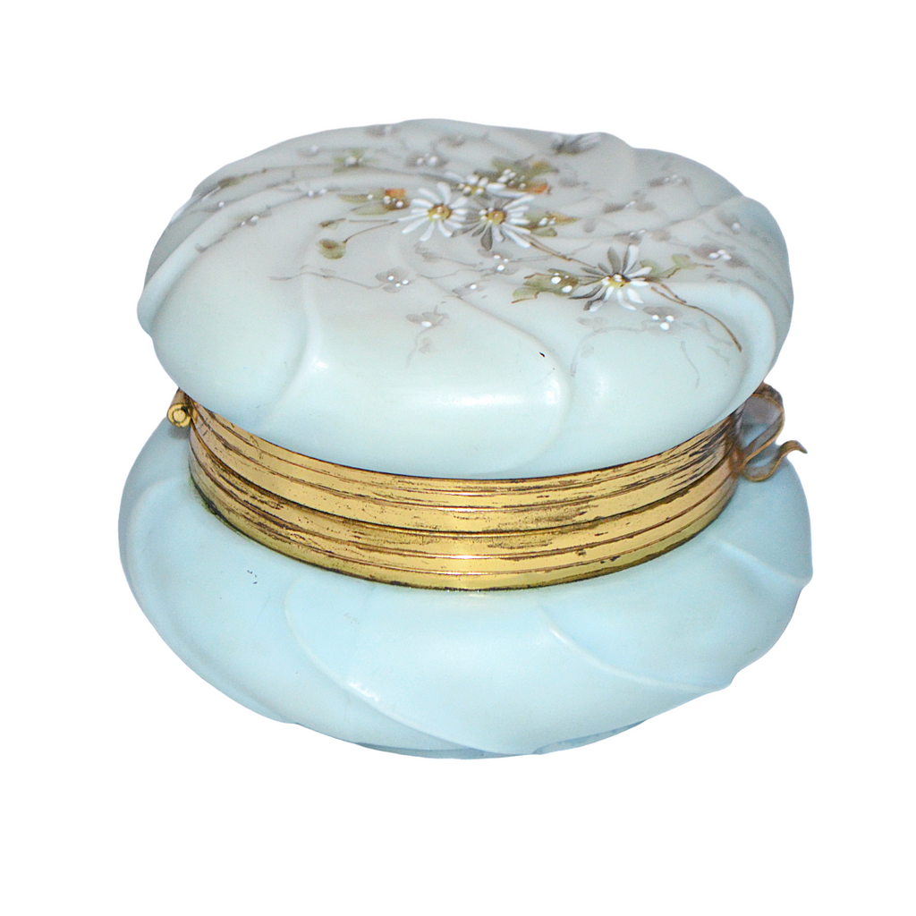 CF Monroe Helmschmeid Swirl Blue Opal Ware Dresser Box with Painted Daisies