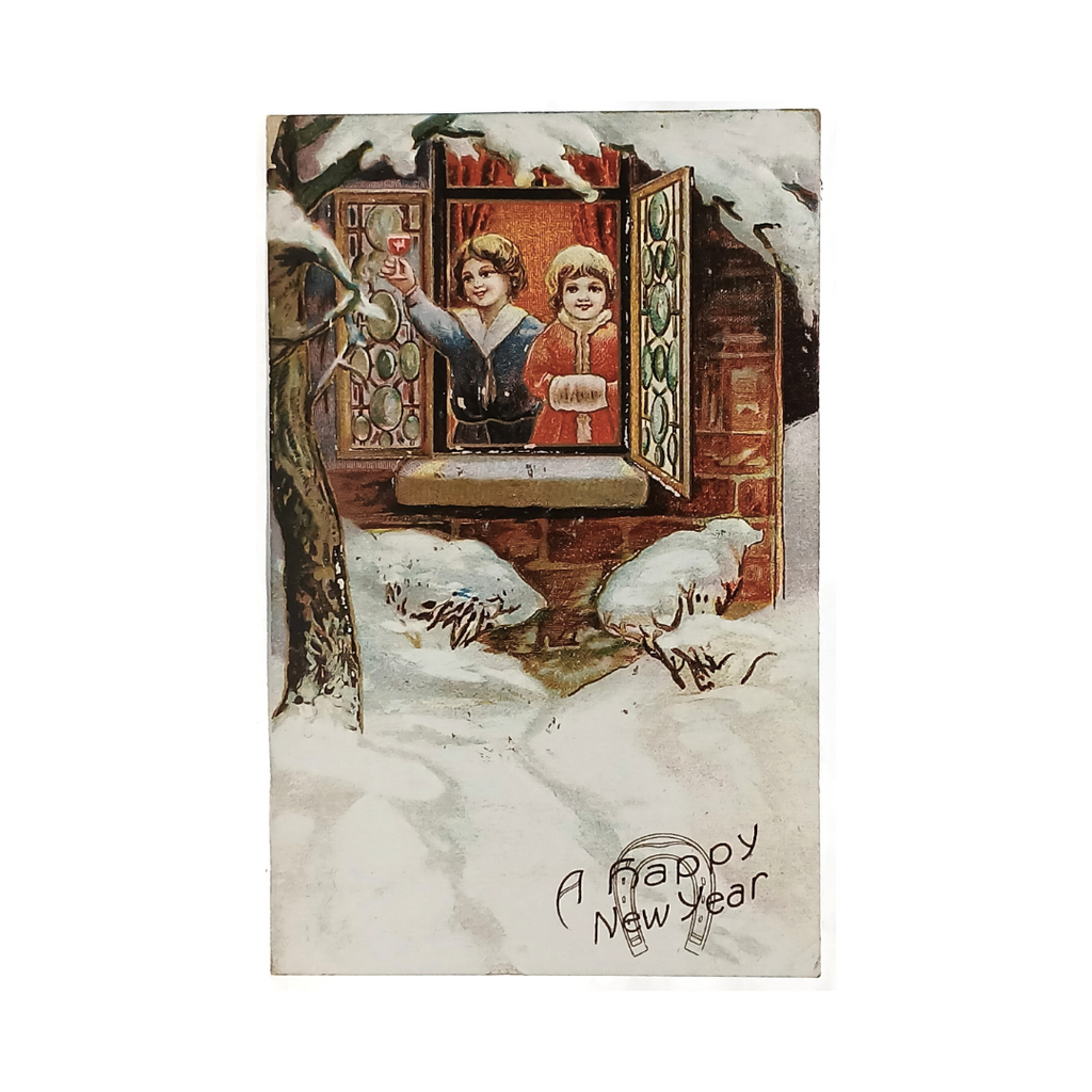 New Year's Postcard Series 8081 Gold Embossed Children in Window with Snow