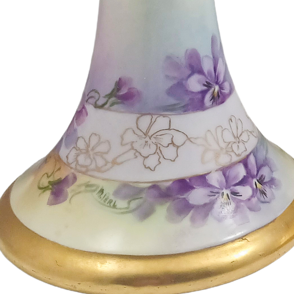 Limoges Porcelain Candle Holders Hand Painted Violets Artist Signed Perl