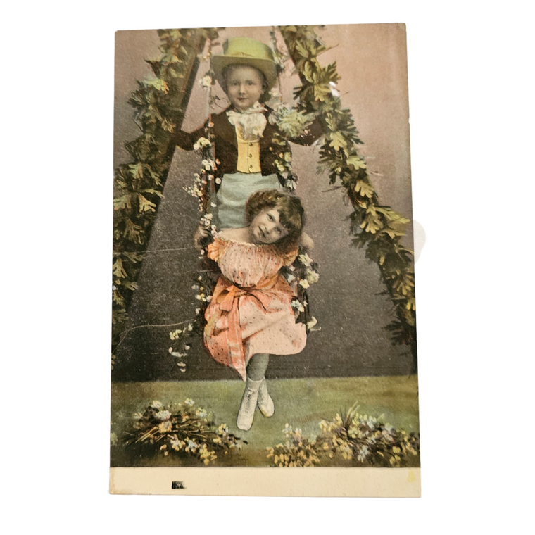 Real Photo Studio Two Children Dressed Up on Flower Covered Swing