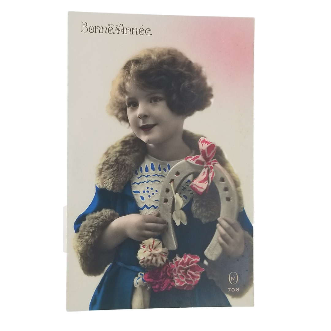 Real Photo Studio French Hand Tinted Postcard Young Girl w / Horseshoe Happy New Year
