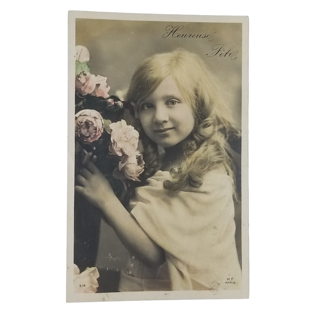Real Photo Studio French Hand Tinted Postcard Young Girl with Pink Roses