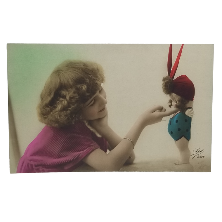 Real Photo Studio French Hand Tinted Postcard Young Girl with Kewpie Doll