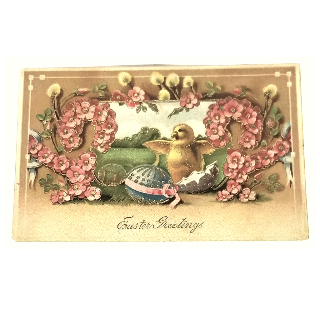 Easter Postcard Dancing Baby Chick Pink Flowers Gold Embossed Card