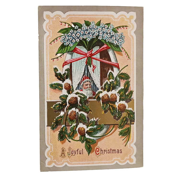 Christmas Postcard Santa Claus in Window, Baby Breath, Pine Cones, Holly Border