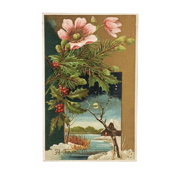 Christmas Postcard Gold Embossed Evening Landscape Pink Flowers in Snow
