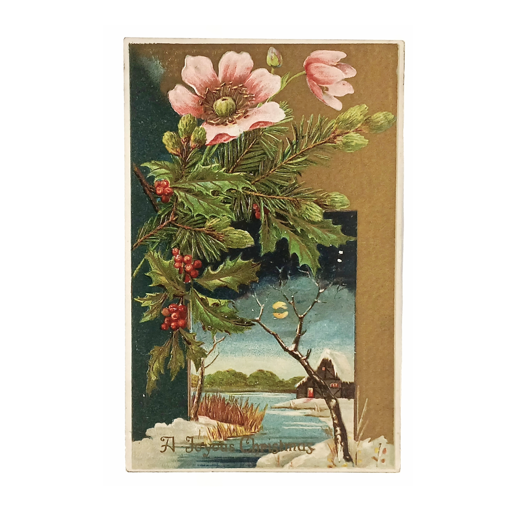Christmas Postcard Gold Embossed Evening Landscape Pink Flowers in Snow