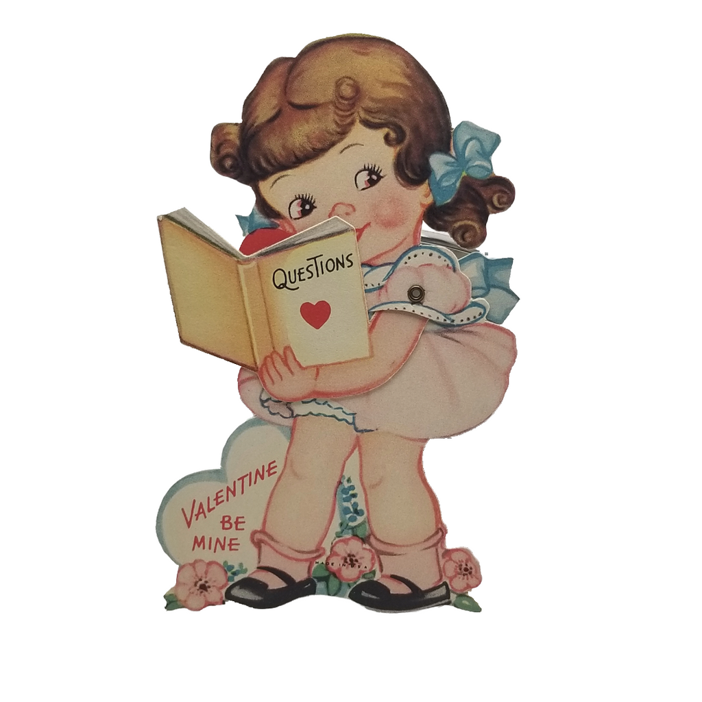 Die Cut Mechanical Valentine Card Little Girl Reading book of Questions