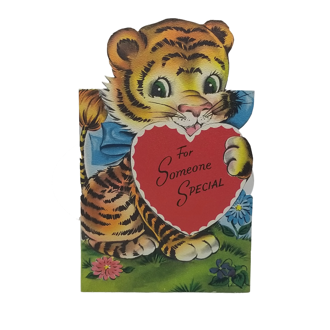 Vintage Die Cut Valentine Card Volland Baby Tiger Holding Heart
