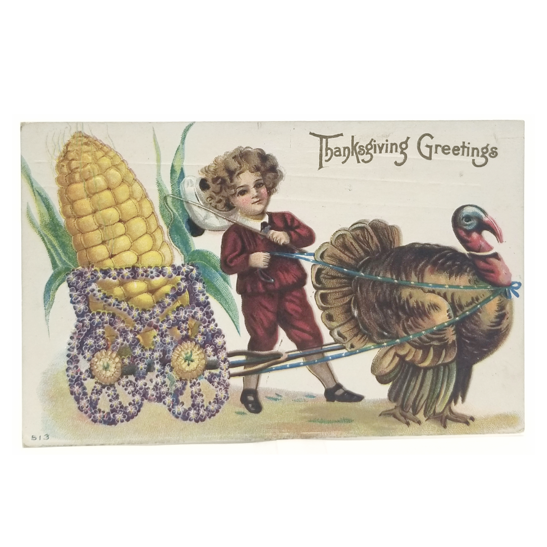 Thanksgiving Postcard Boy with Turkey Pulling Wagon of Corn