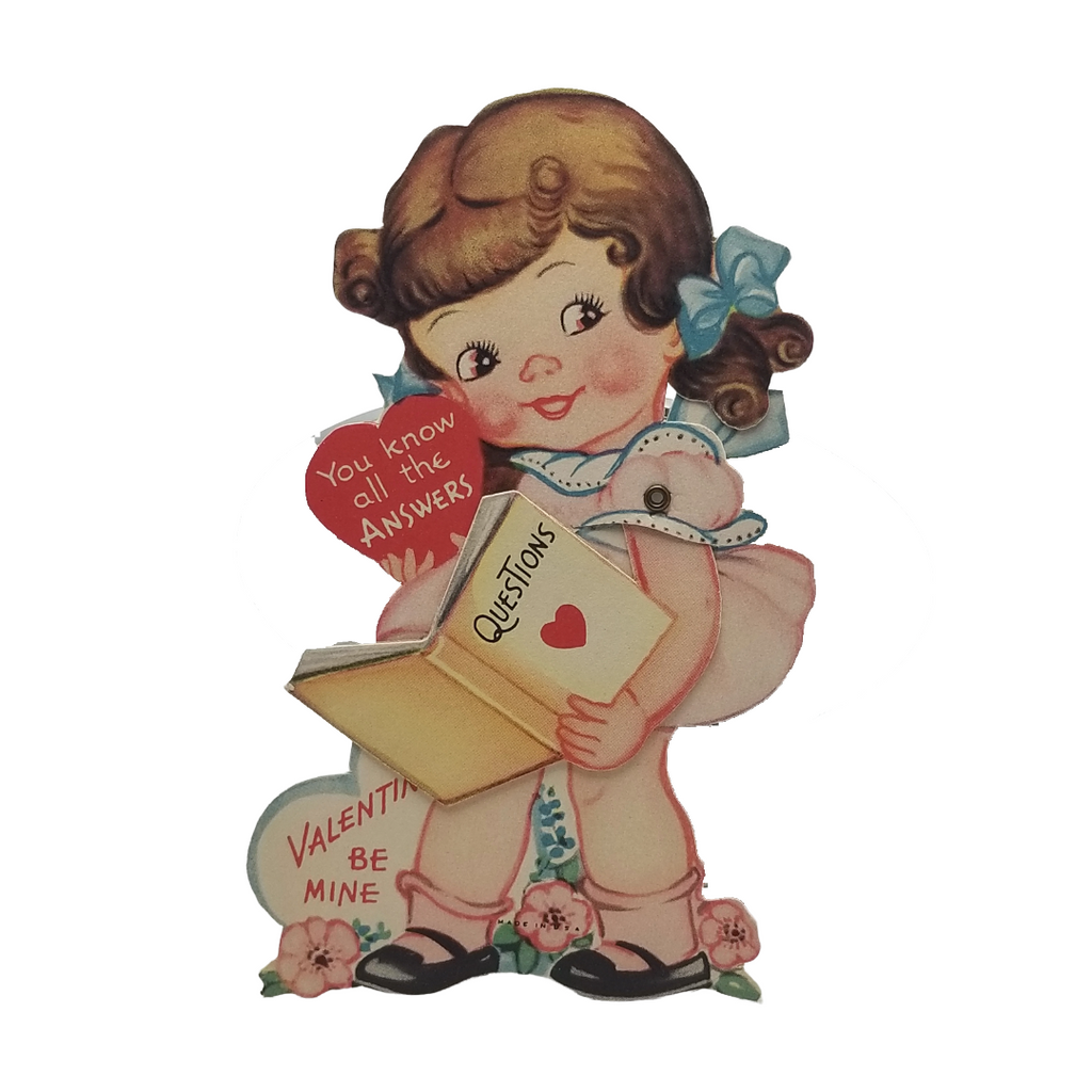 Die Cut Mechanical Valentine Card Little Girl Reading book of Questions