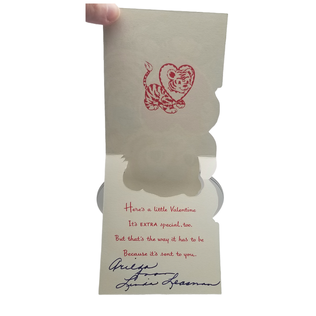 Vintage Die Cut Valentine Card Volland Baby Tiger Holding Heart