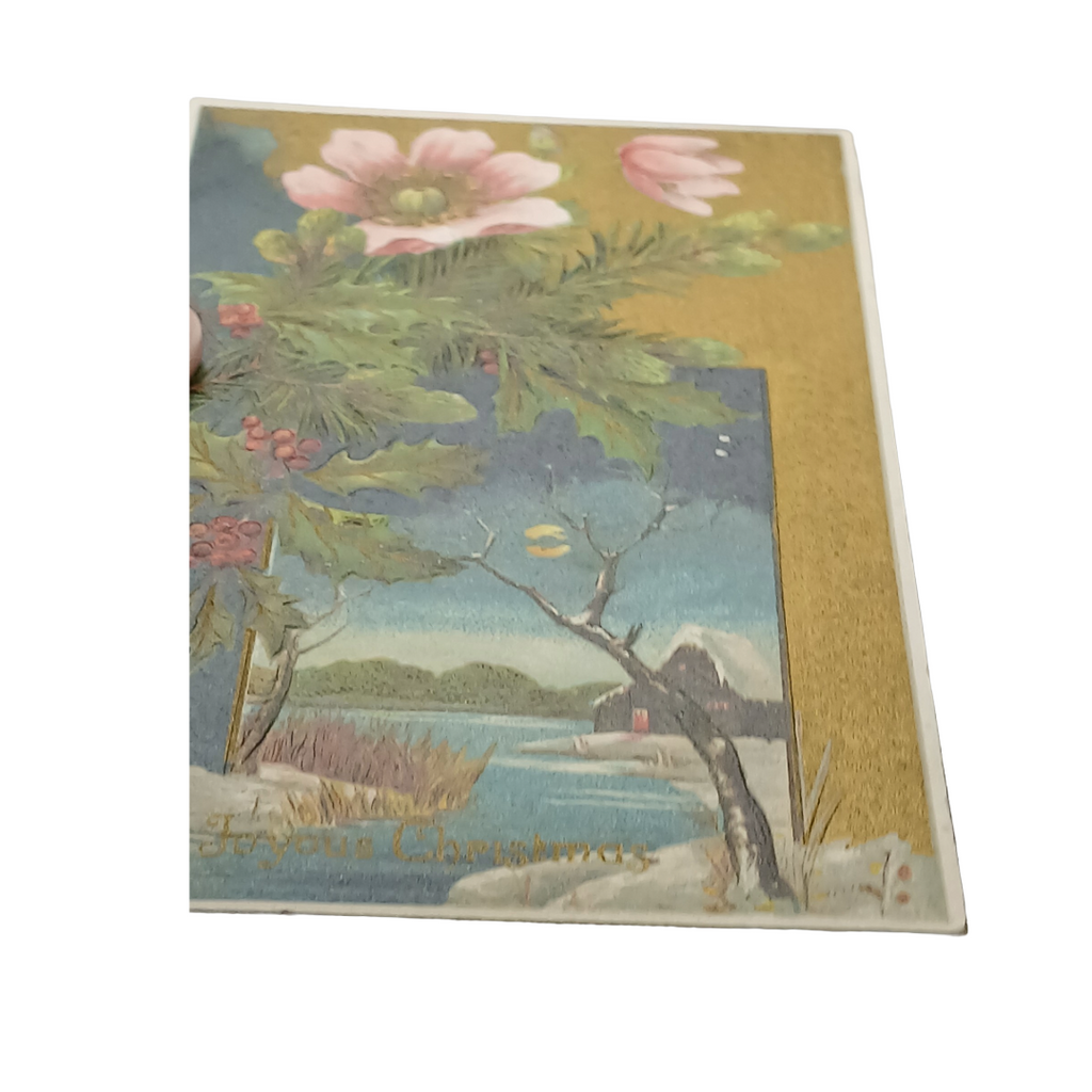 Christmas Postcard Gold Embossed Evening Landscape Pink Flowers in Snow