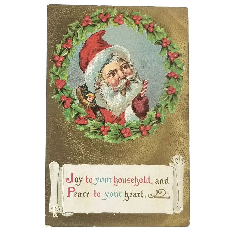 Antique Christmas Card, Victorian Santa Claus with Pipe Gold Background