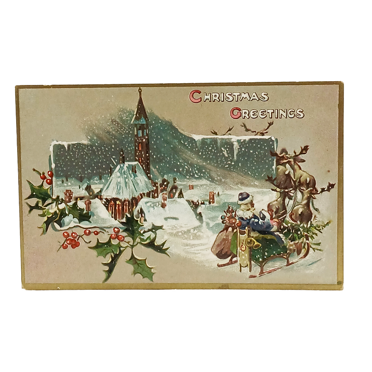 Christmas Postcard Santa Blue Robe Driving Sleigh Raphael Tuck Series 100