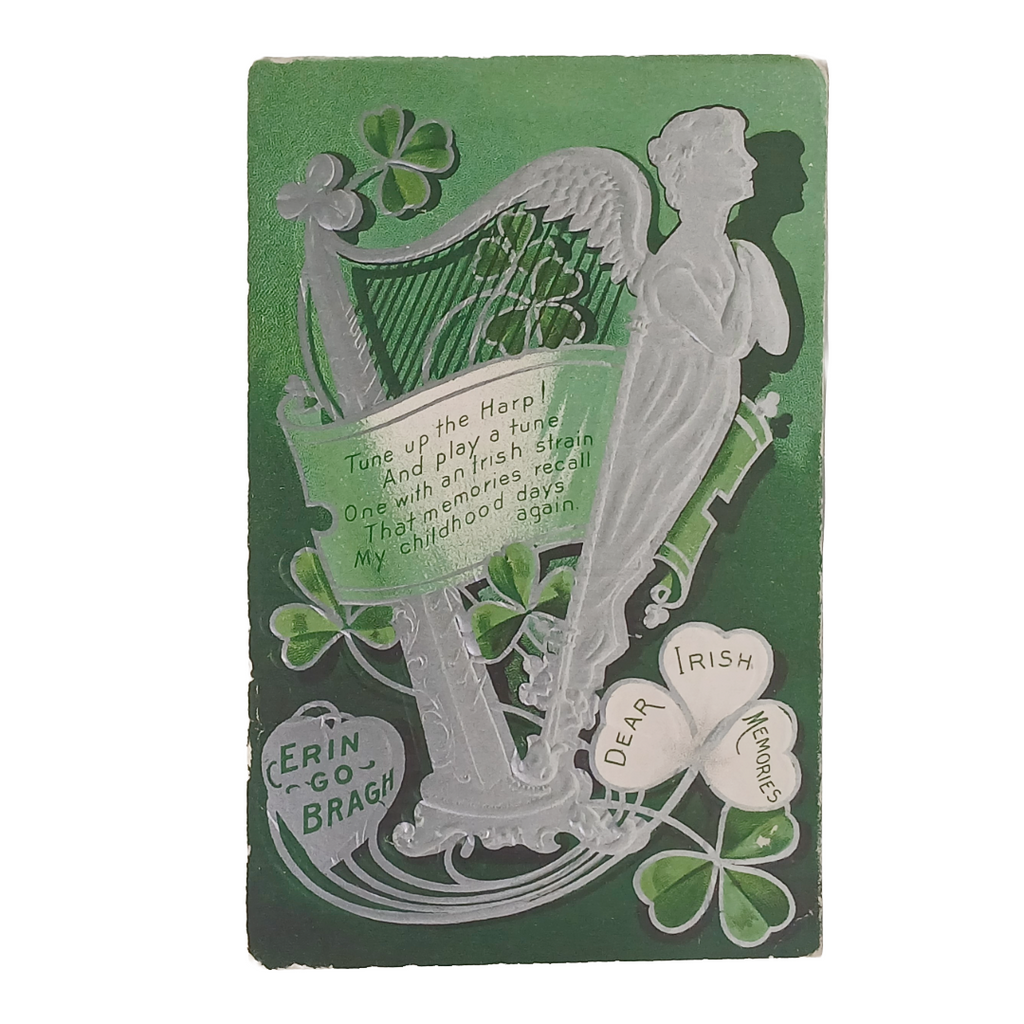 Saint Patrick's Day Postcard Silver Embossed Harp with Clover