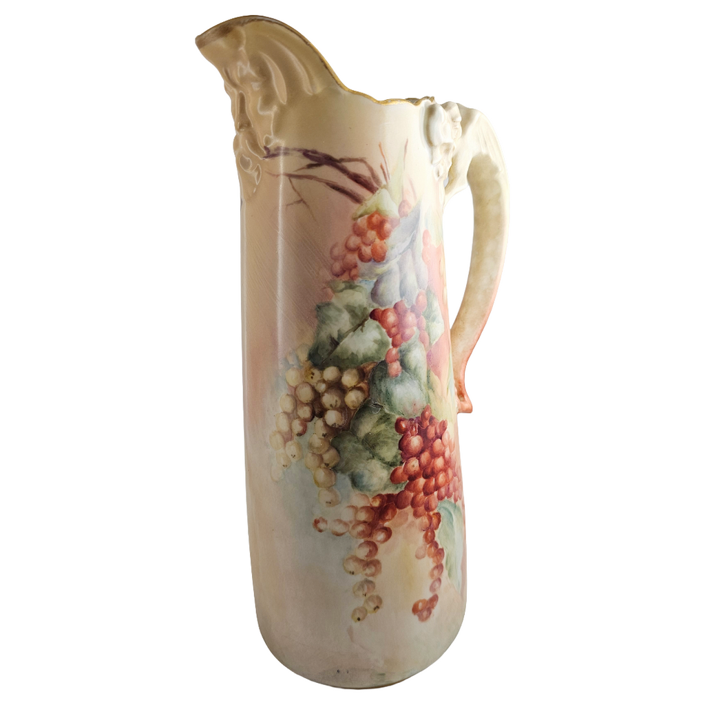 Limoges Porcelain Dragon Handle Man of North Jean Pouyat Red Currants Tankard Pitcher
