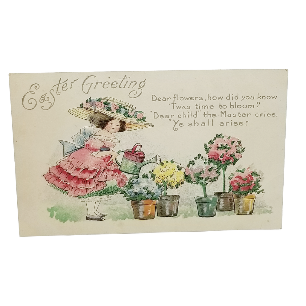Easter Postcard Artist Bertha Blodgett Girl In Bonnet Watering Flowers