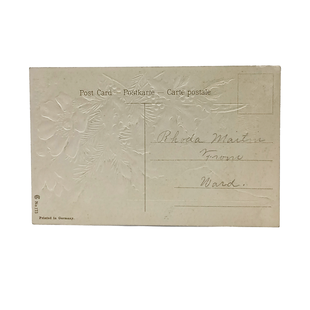 Christmas Postcard Gold Embossed Evening Landscape Pink Flowers in Snow