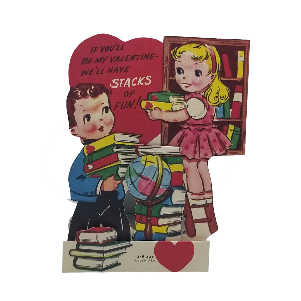 Vintage Valentine Die Cut Card Children Stacking Books