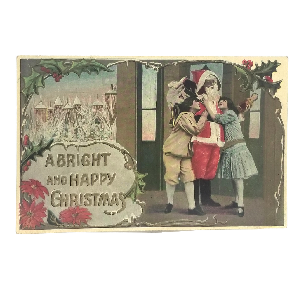 Antique Christmas Card, Edwardian Santa Claus with Children RPPC Style