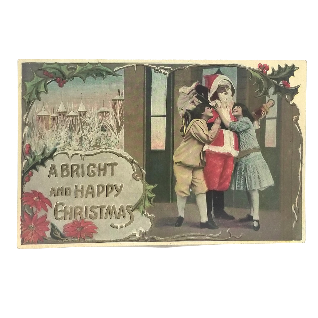 Antique Christmas Card, Edwardian Santa Claus with Children RPPC Style
